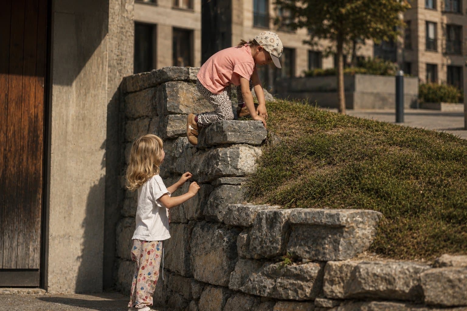 Kind klettert eine Steinmauer hoch