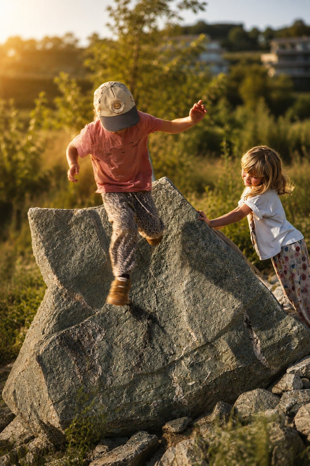 Kind klettert über ein Geländer im Wald — Parkour für Kinder im Wallis