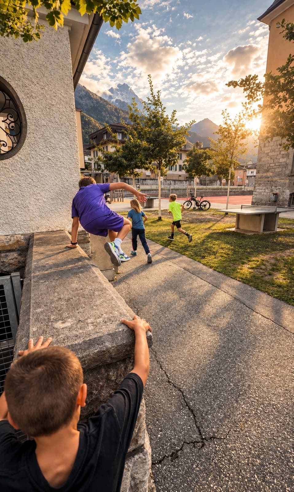Kinder springen im Abendlicht über eine Mauer, dahinter die Berge